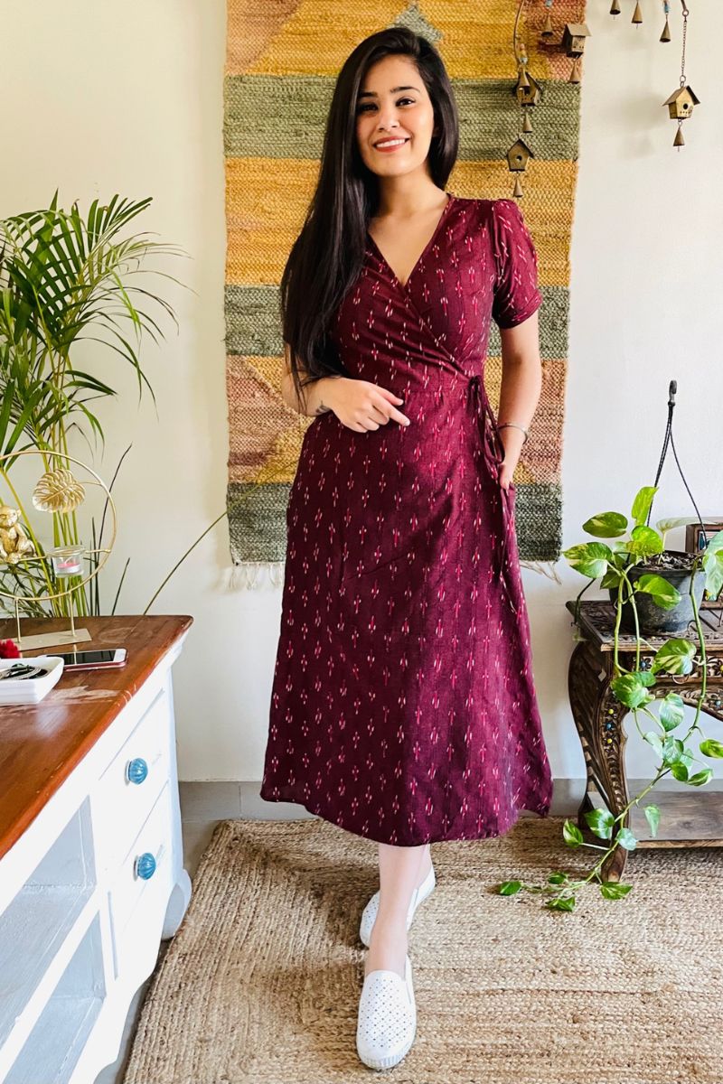 Wine Ikat Wrap Dress