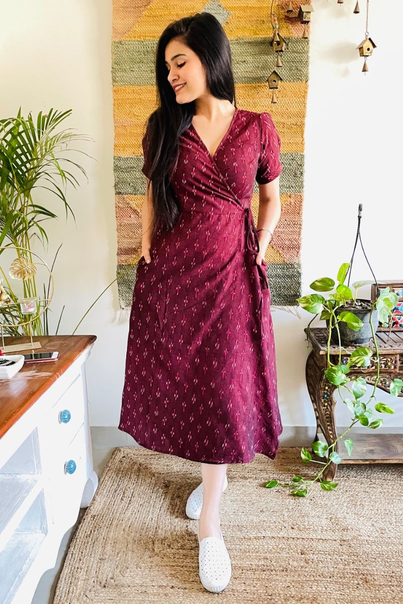 Wine Ikat Wrap Dress