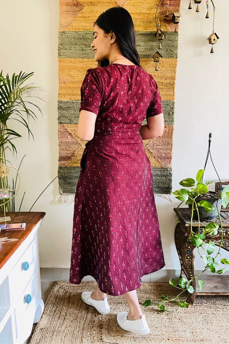 Wine Ikat Wrap Dress