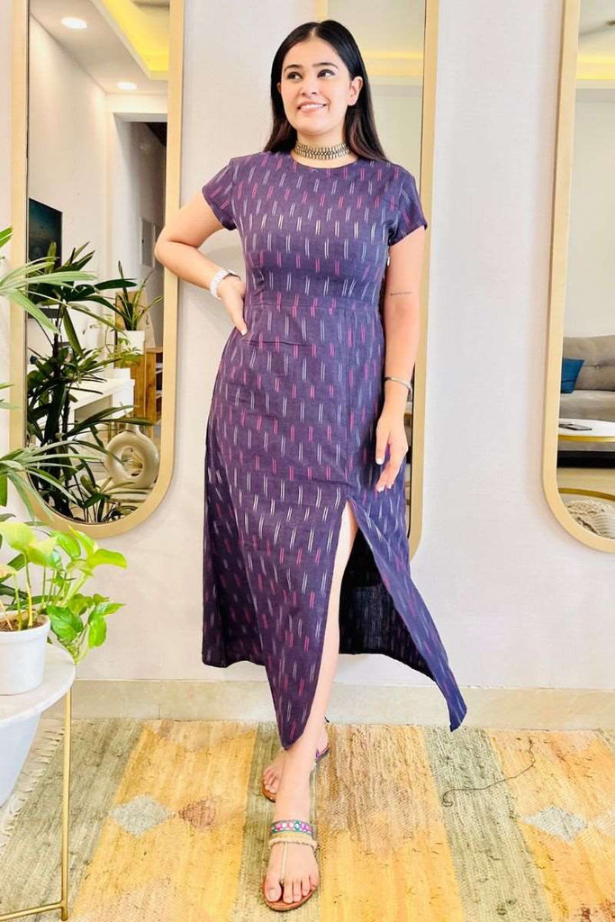 Purple Ikat midi dress with a slit and pockets on both sides