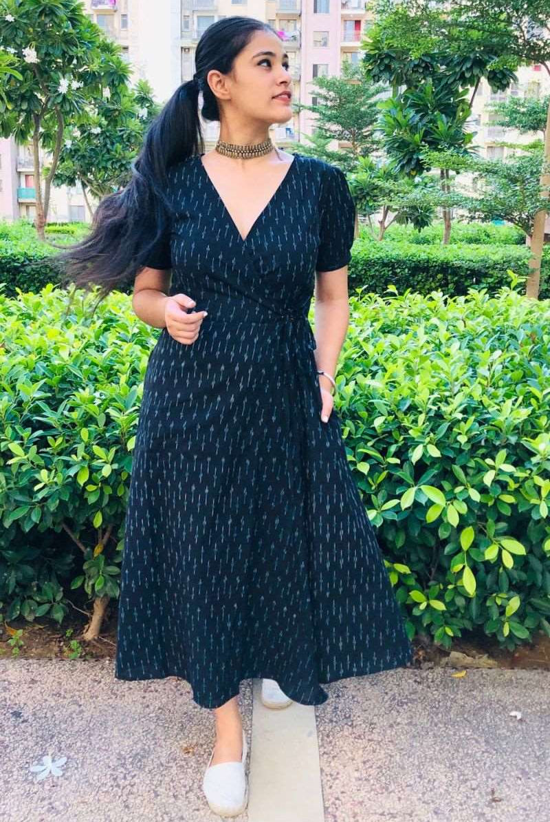 BLACK IKAT WRAP DRESS