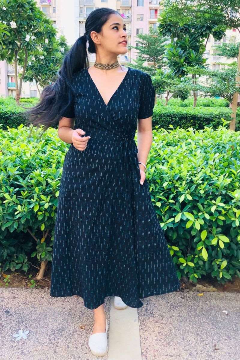 BLACK IKAT WRAP DRESS