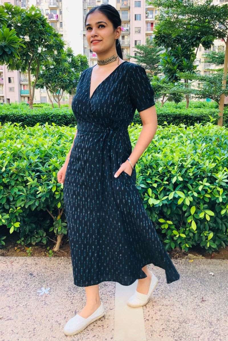 BLACK IKAT WRAP DRESS
