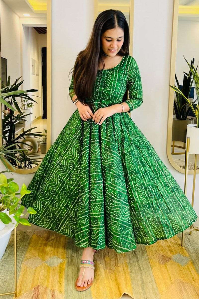 green printed long dress with flare