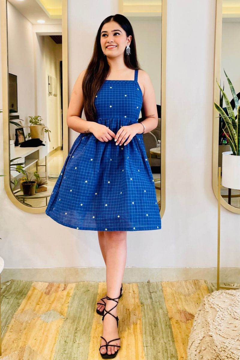 NAVY EMBROIDERED SPAGHETTI DRESS