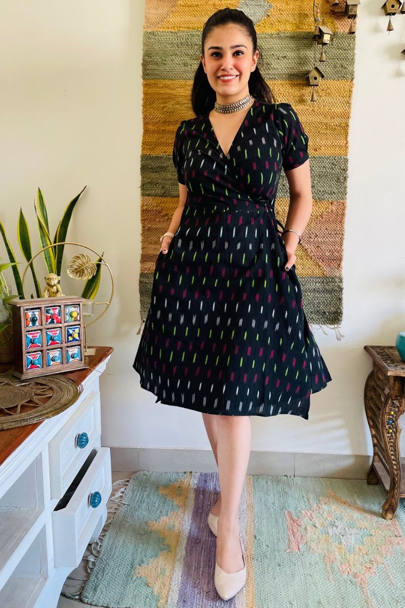 Black Ikat Neon Wrap Dress