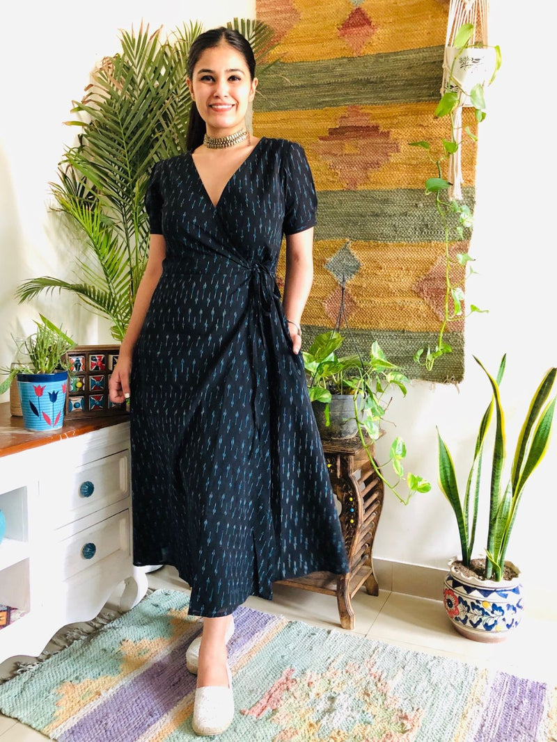 Black Ikat Wrap Dress
