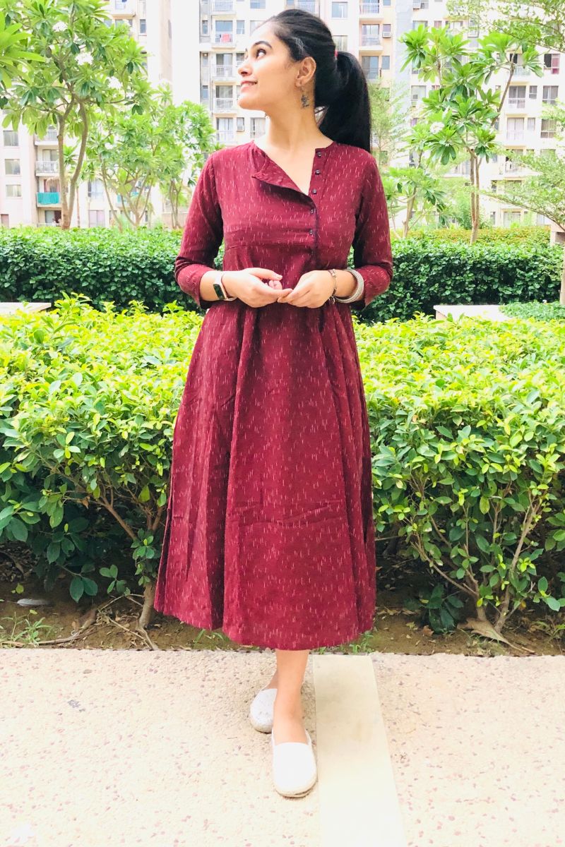 Wine Ikat Angrakha Dress
