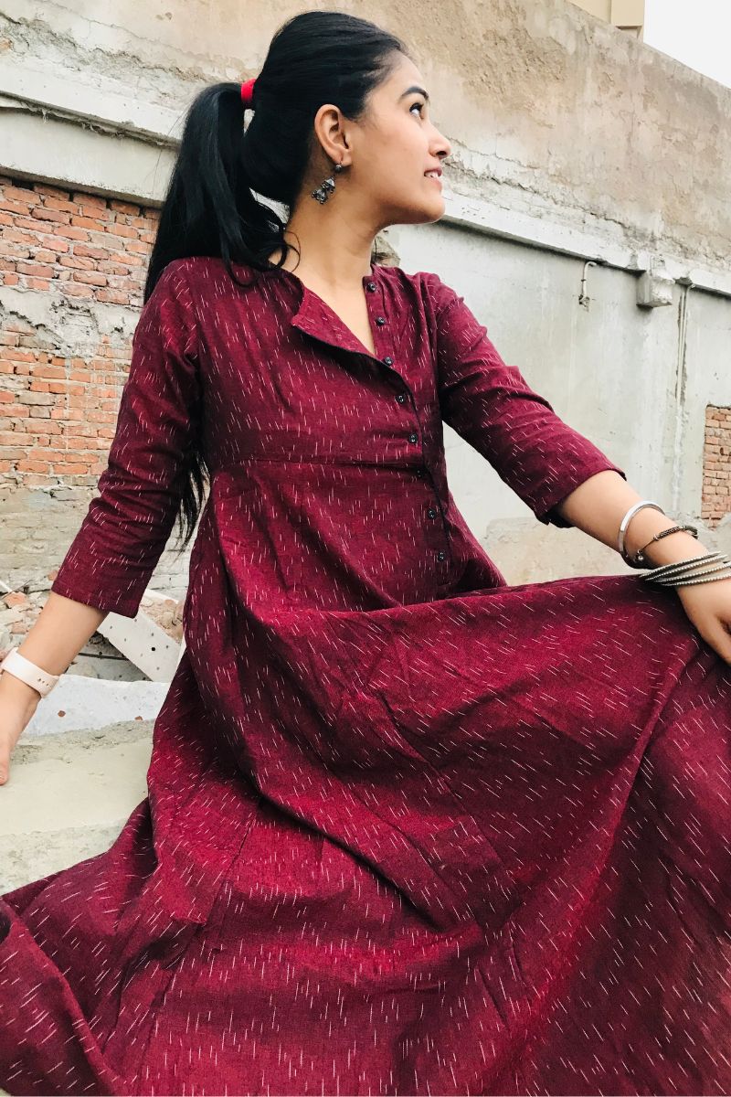 Wine Ikat Angrakha Dress