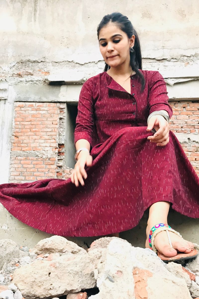 Wine Ikat Angrakha Dress
