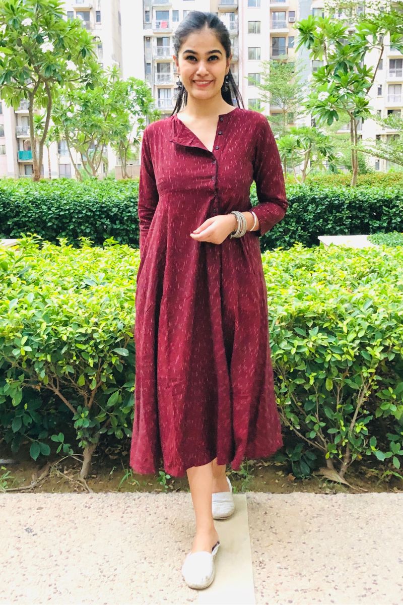 Wine Ikat Angrakha Dress