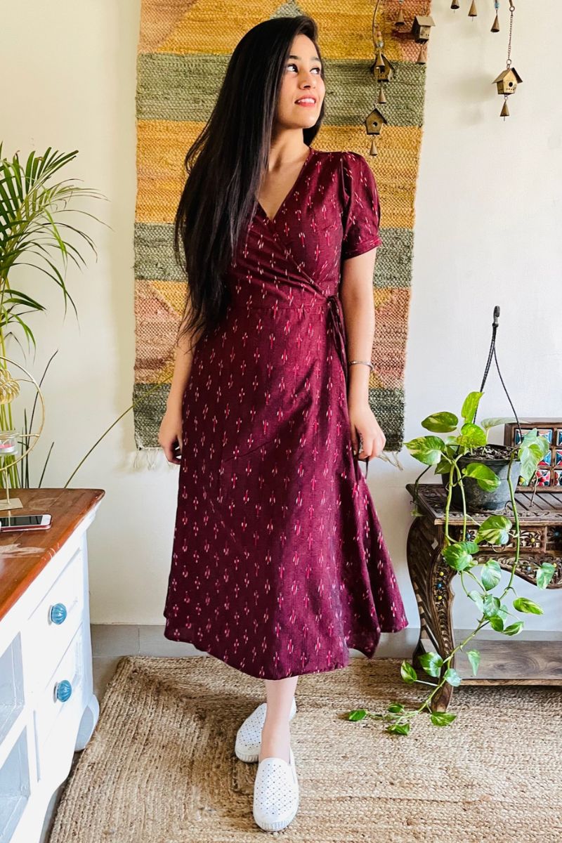 Wine Ikat Wrap Dress