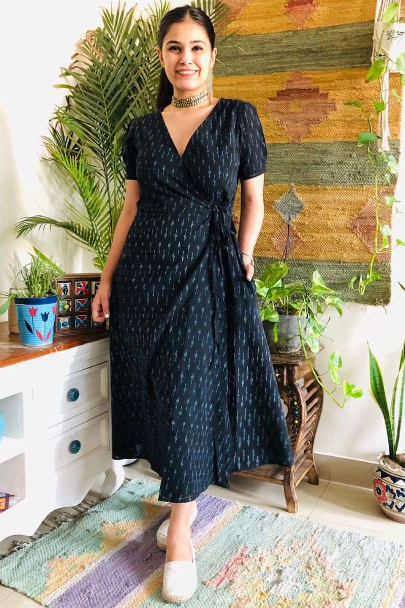 black ikat wrap dress with pockets