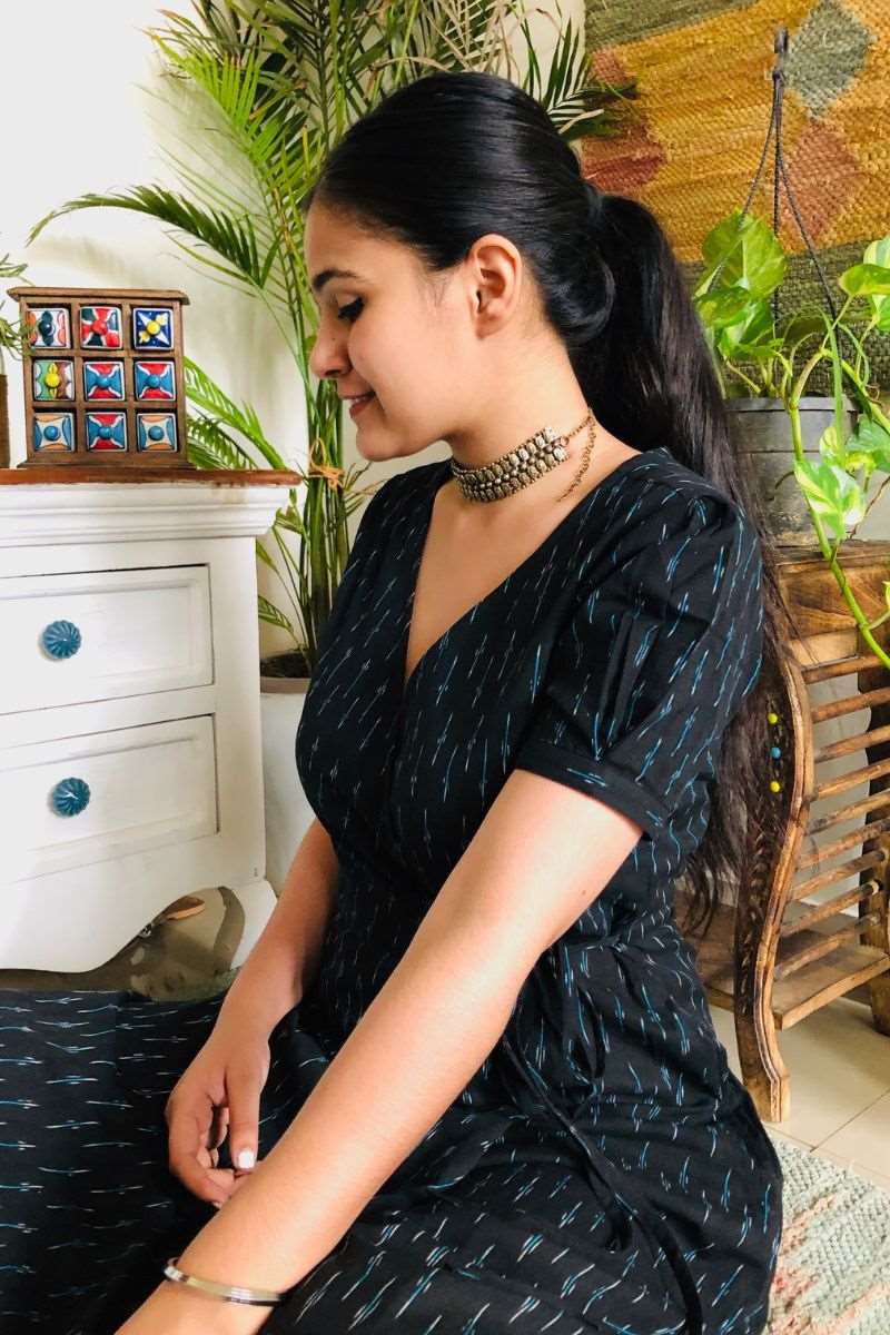 black handloom ikat angrakha wrap dress with pockets
