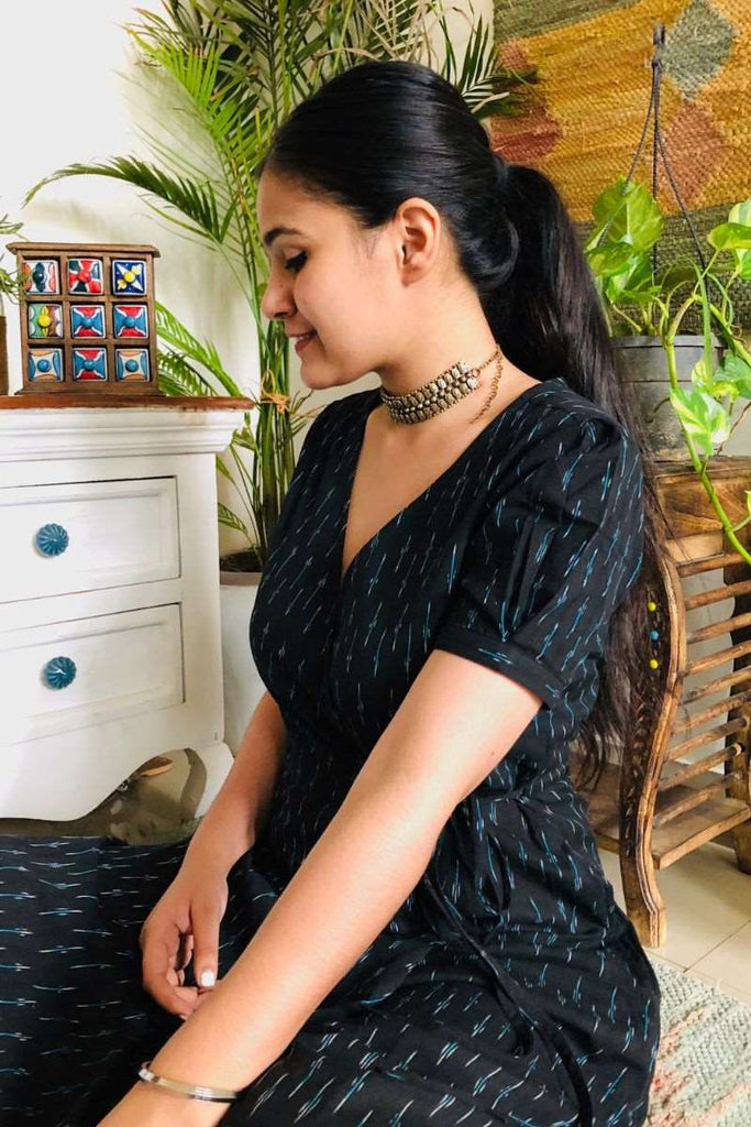 black handloom ikat angrakha wrap dress with pockets