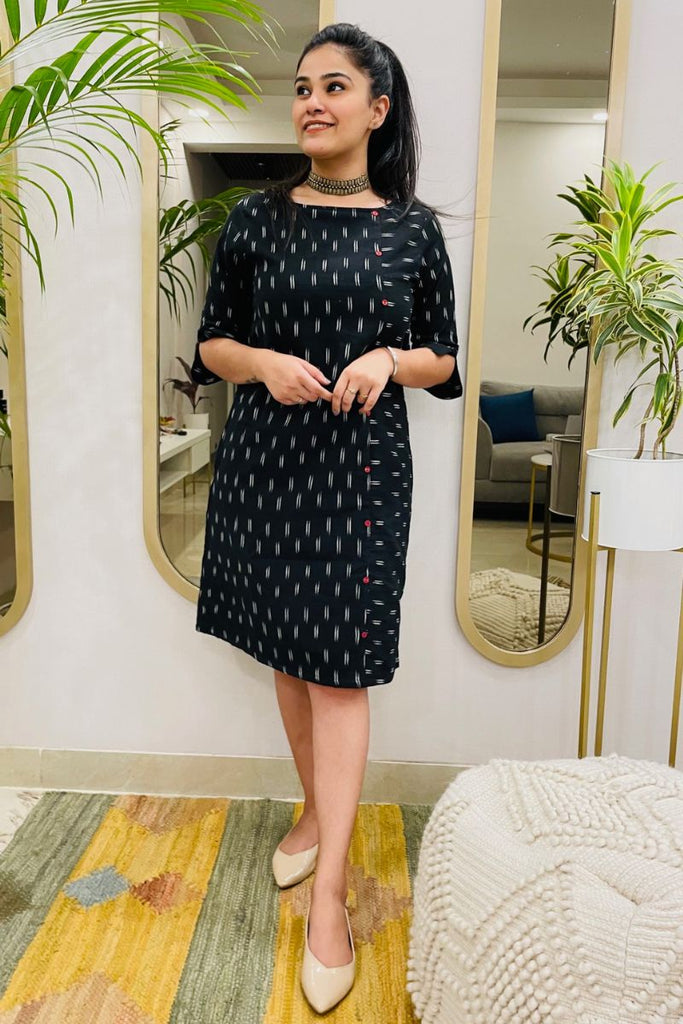 black handloom ikat formal knee length dress