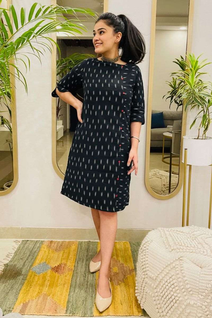 BLACK FORMAL IKAT SHIFT DRESS WITH POCKETS