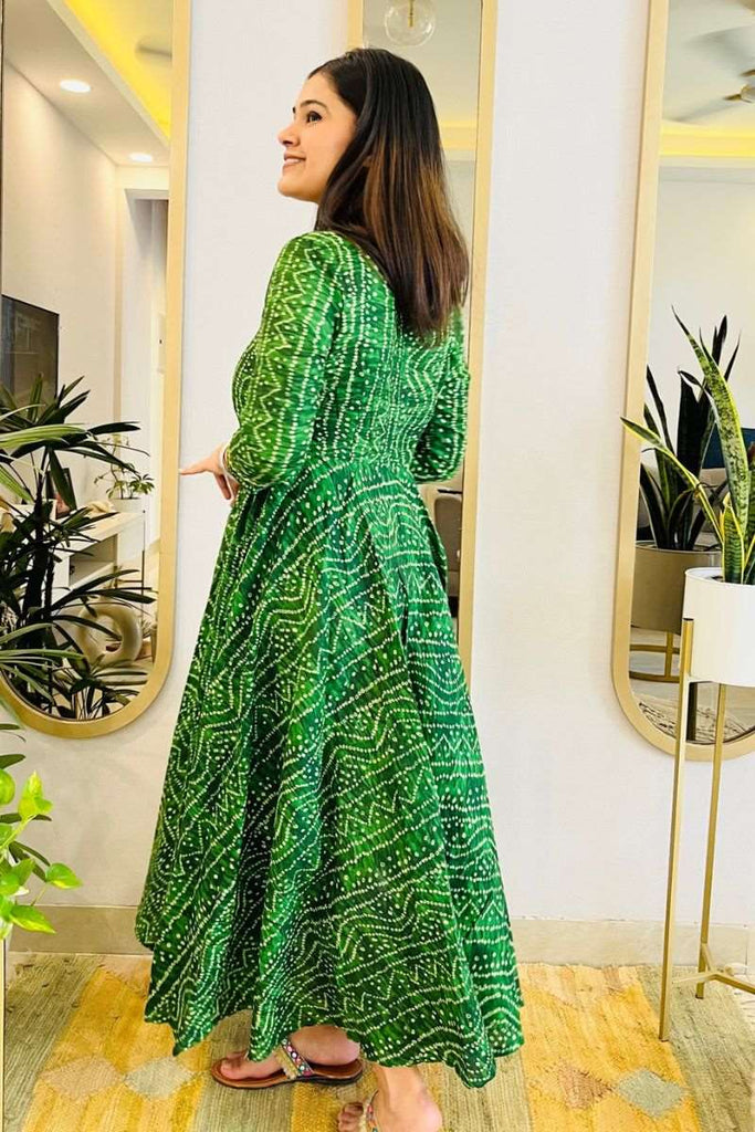 GREEN BANDHANI TWIRL MAXI DRESS