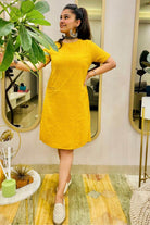MUSTARD EMBROIDERED SHIFT DRESS WITH POCKETS