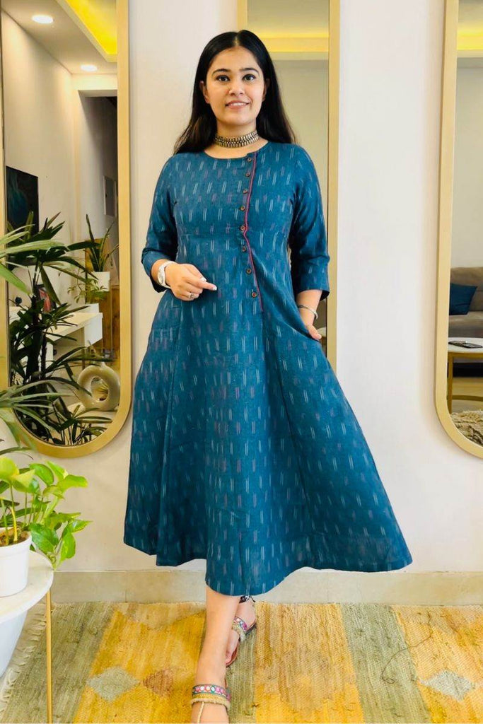 TEAL BLUE IKAT ANGRAKHA DRESS WITH RED DETAIL