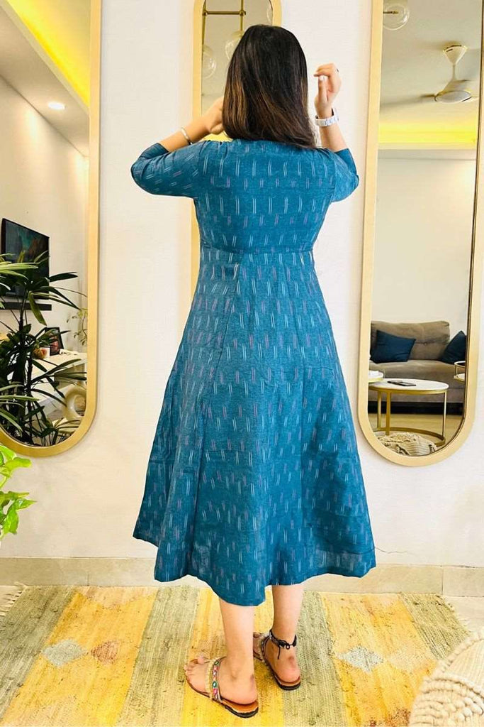 TEAL BLUE IKAT ANGRAKHA DRESS WITH RED DETAIL