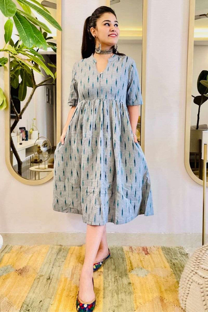 GREY IKAT FIT AND FLARE DRESS