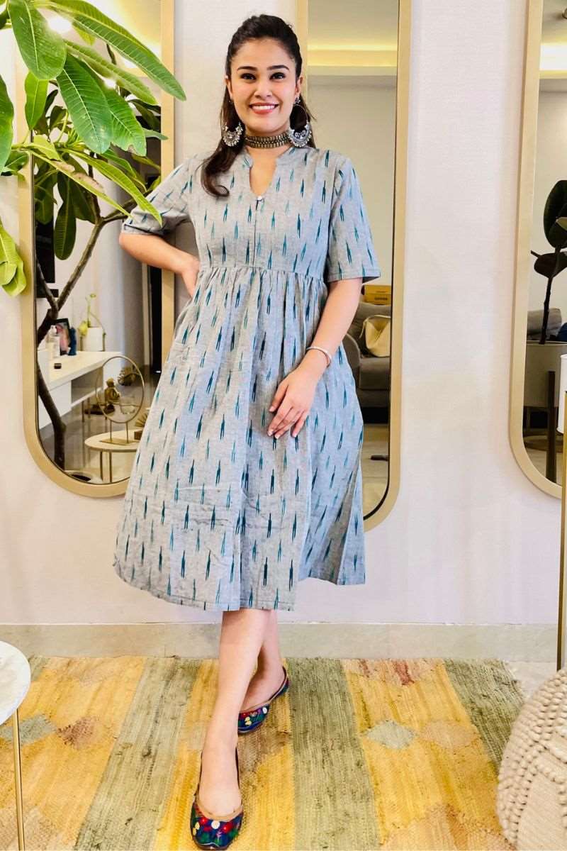GREY IKAT FIT AND FLARE DRESS