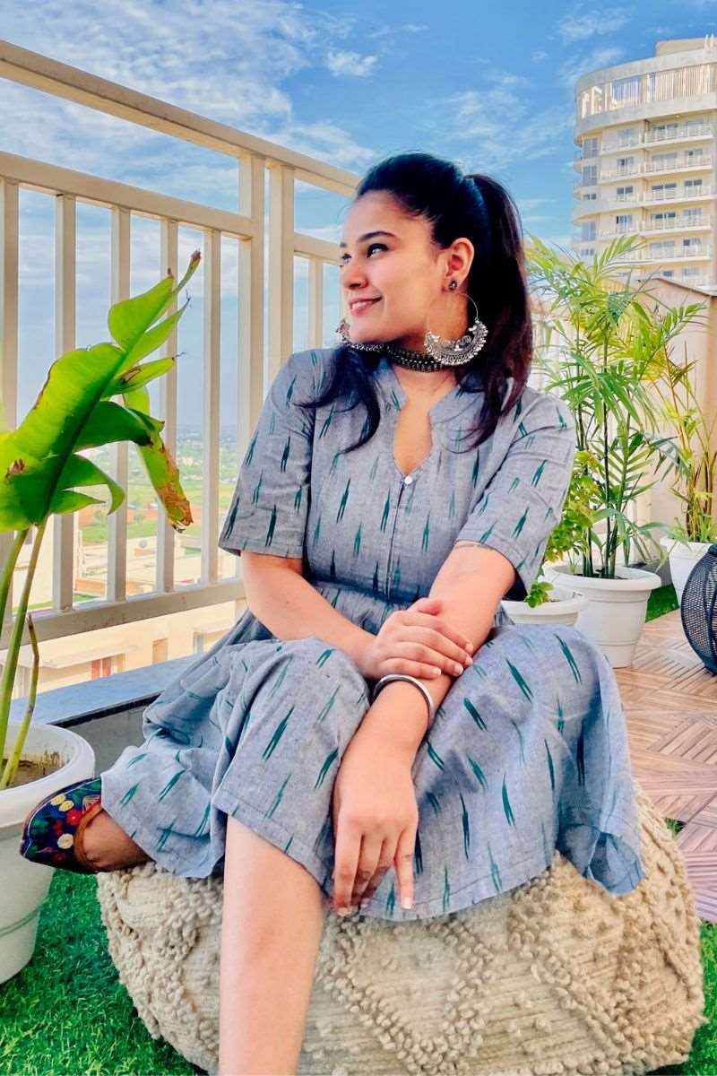 GREY IKAT FIT AND FLARE DRESS