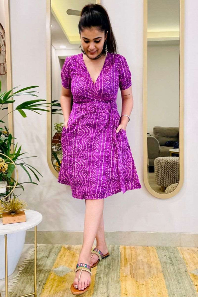 LILAC BANDHANI PRINT WRAP DRESS