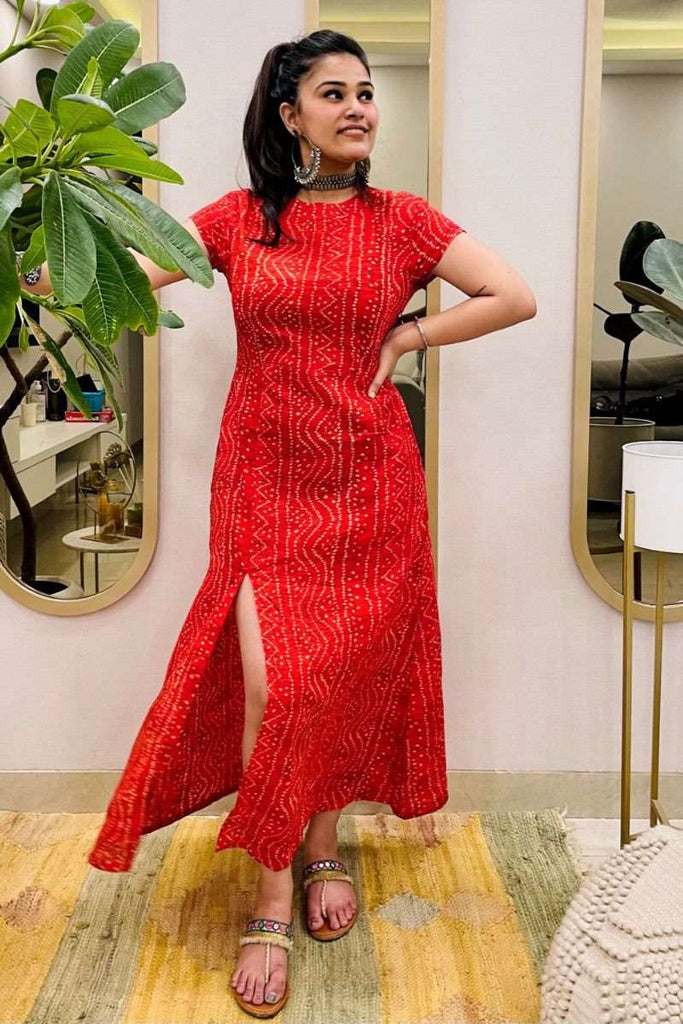 RED BANDHANI SLIT DRESS
