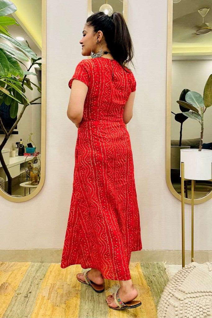 RED BANDHANI SLIT DRESS
