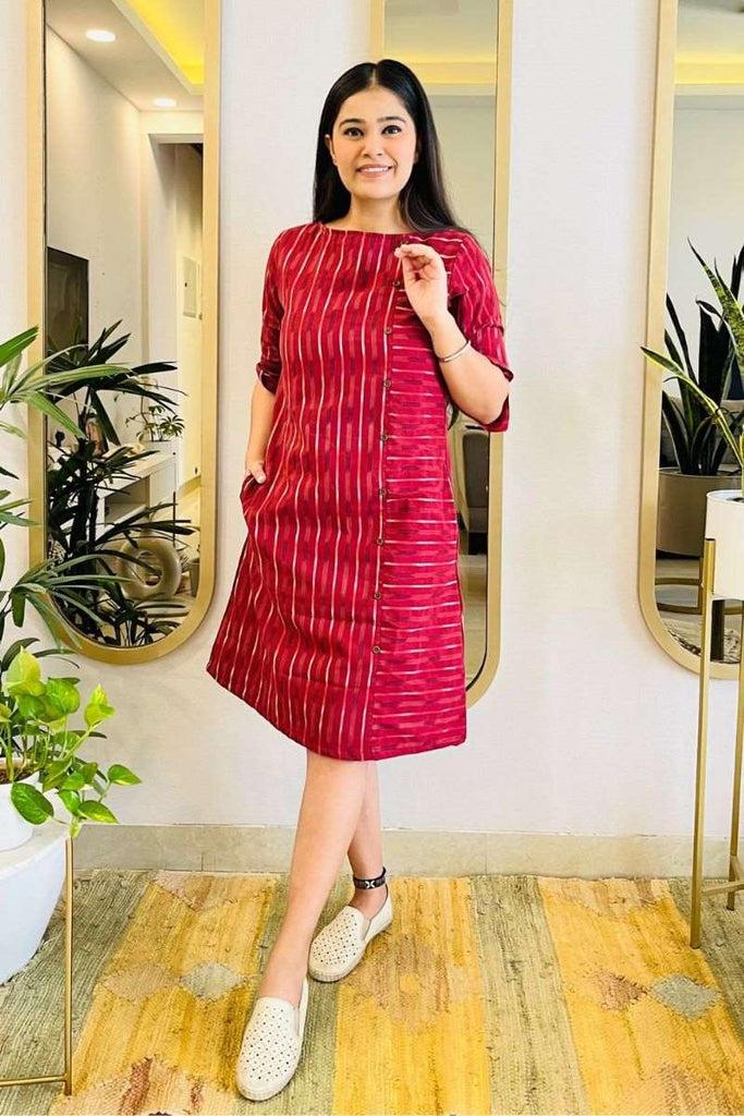 WINE IKAT FORMAL SHIFT DRESS WITH POCKETS