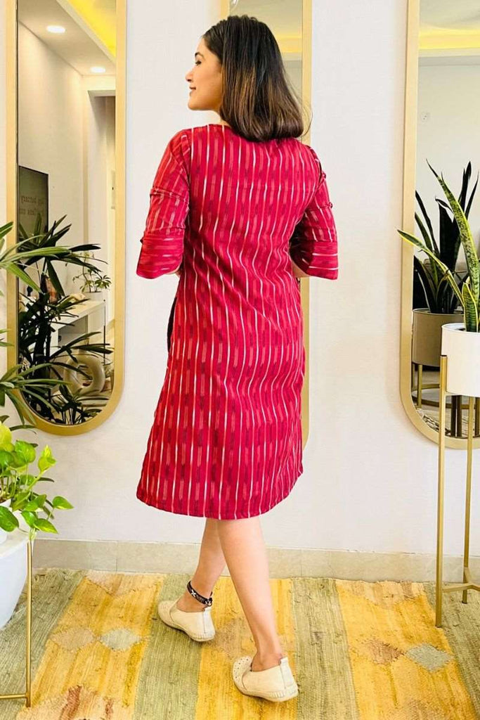 WINE IKAT FORMAL SHIFT DRESS WITH POCKETS